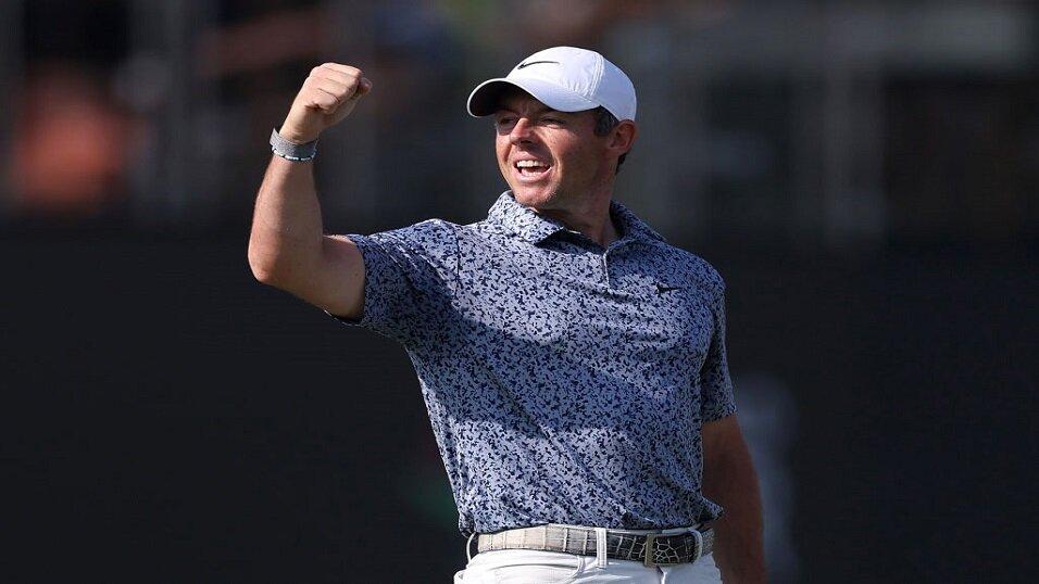Rory McIlroy celebrates at the Dubai Desert Classic